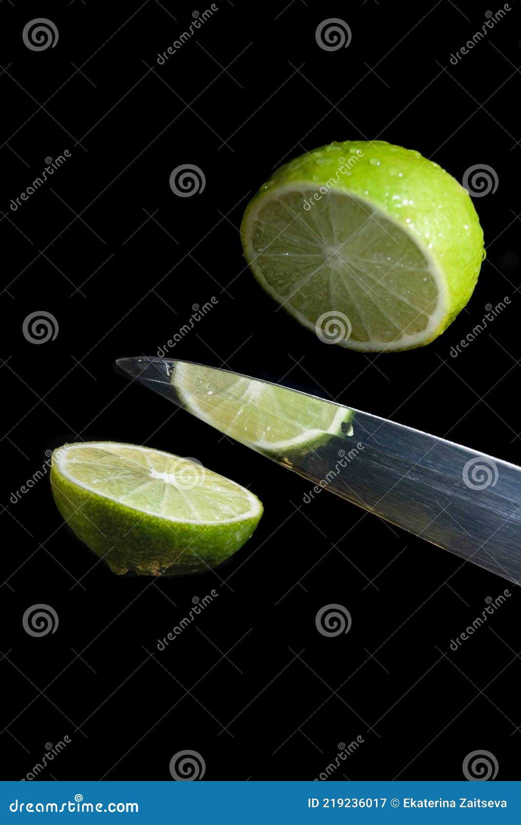Knife Cuts Lime in Levitation on Black Background Stock Image Image