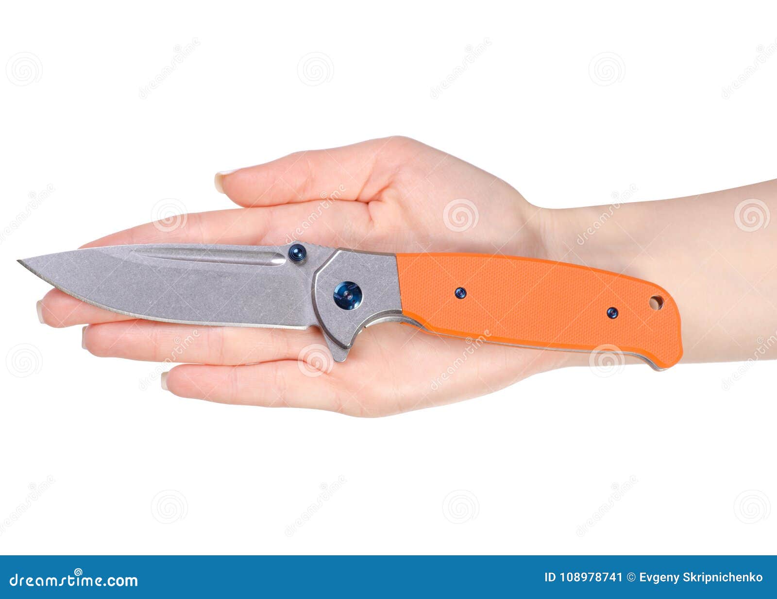 Knife Folding with Orange Handle in Hand Stock Image Image of