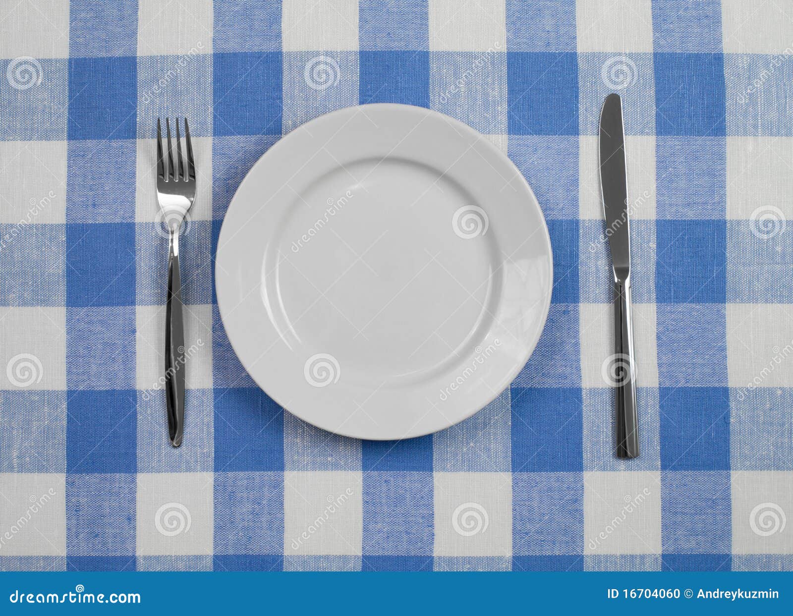 knife, plate and fork checked tablecloth top view