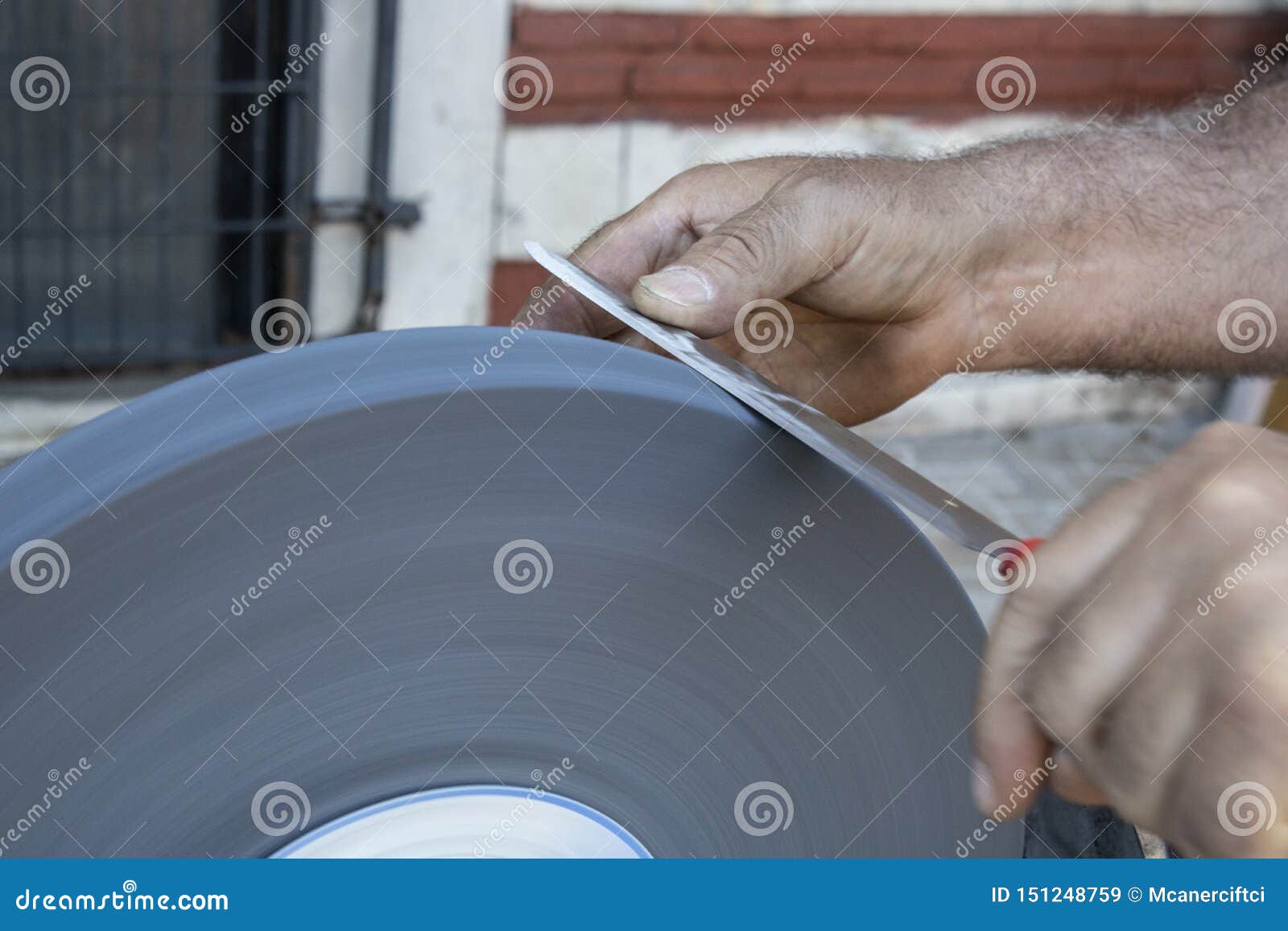 Knife Sharpening Hand and Sanding Machine Closeup Stock Image Image