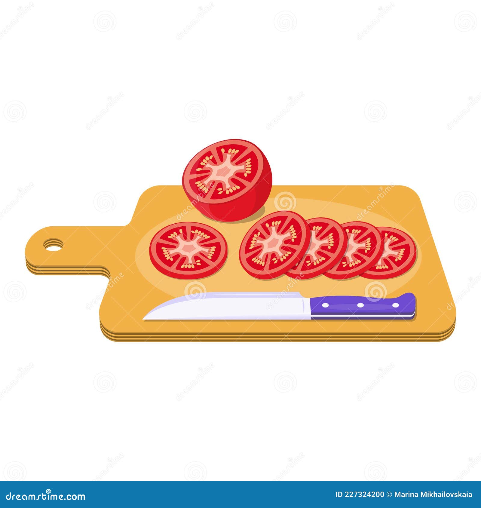 Knife and Sliced Tomato on a Cutting Board. Stock Vector Illustration