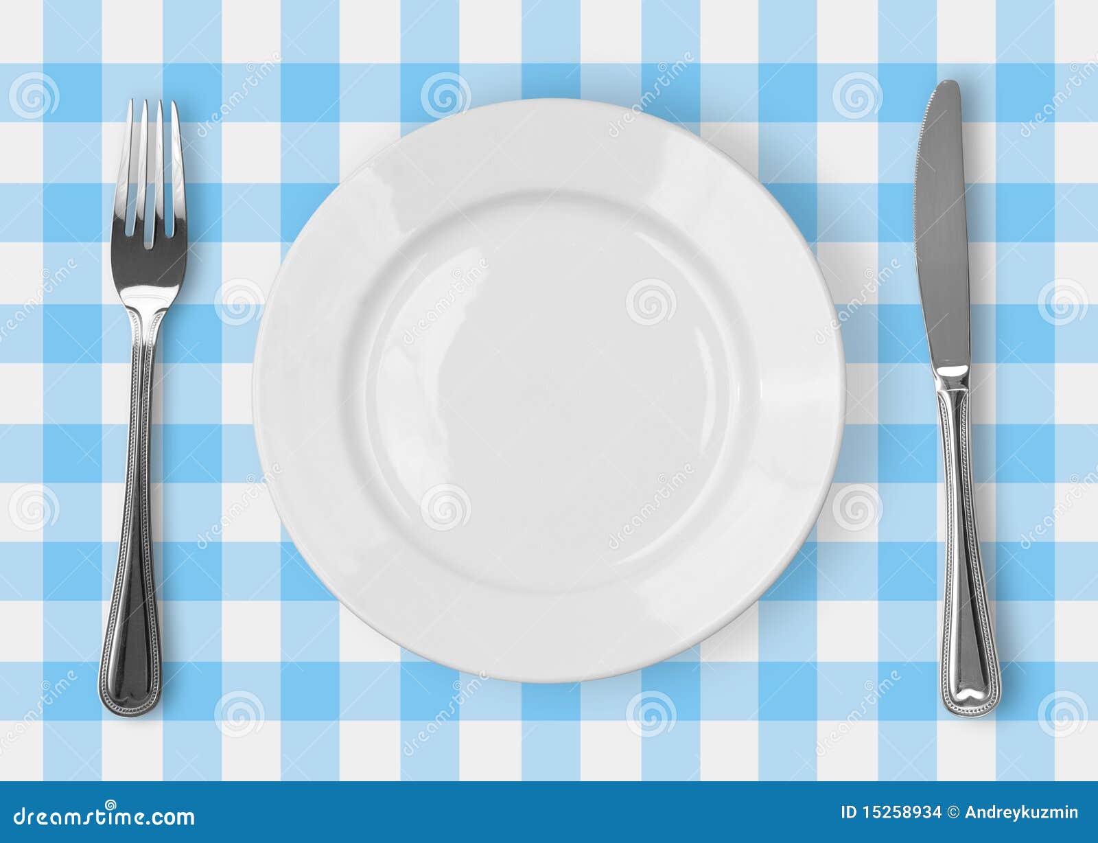 knife, white plate and fork on checked top view