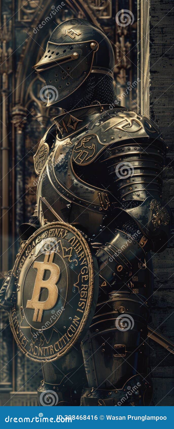A Knight in Cyber Armor Holding a Shield with a Bitcoin Emblem Standing  Guard Over a Digital Realm Stock Photo - Image of bitcoin, technology:  308468416