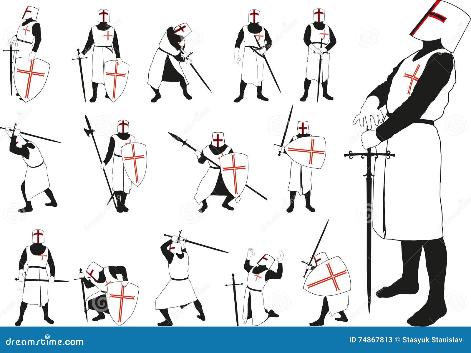 Knight in different poses stock vector. Illustration of head 74867813