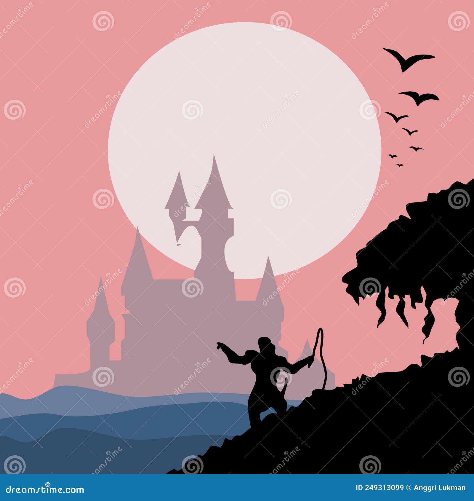 a knight facing castle under full moon