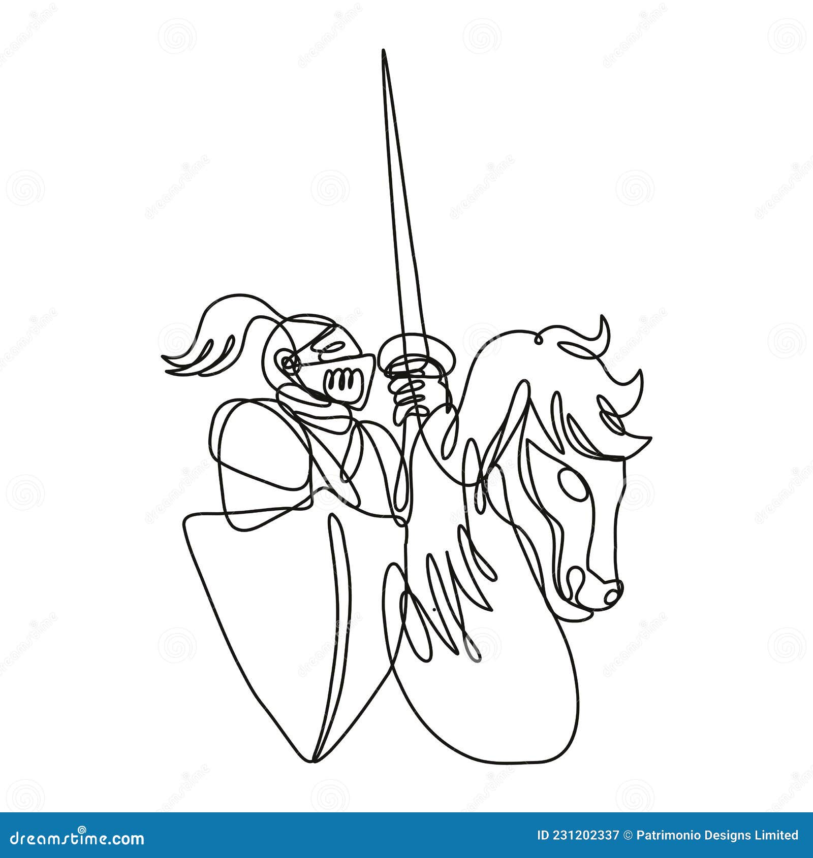 knight with lance and shield riding stead continuous line drawing