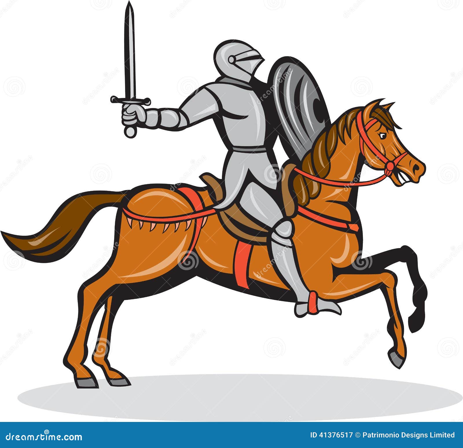 Illustration of knight in full armor riding horse steed with sword and 