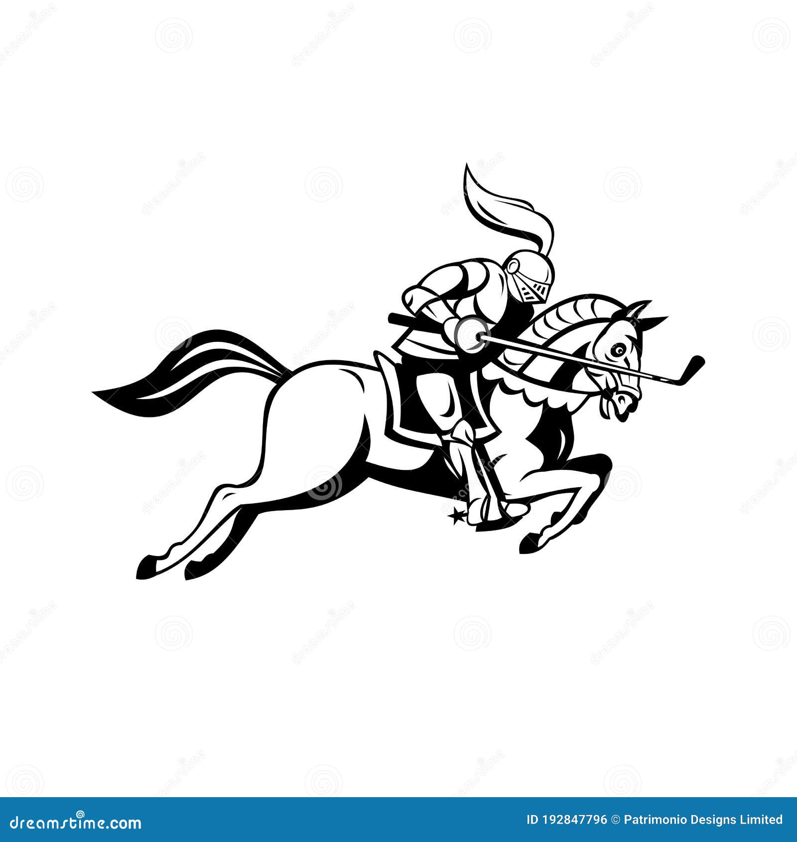 black and white cartoon knight on horse