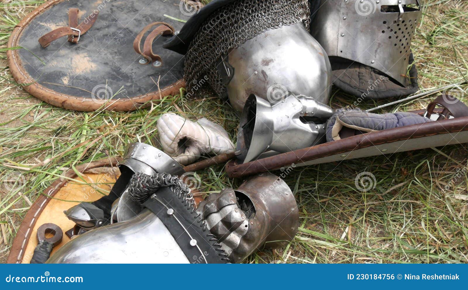 Knight S Armor, Helmet, Armor, Iron Gauntlets Lie on the Grass after