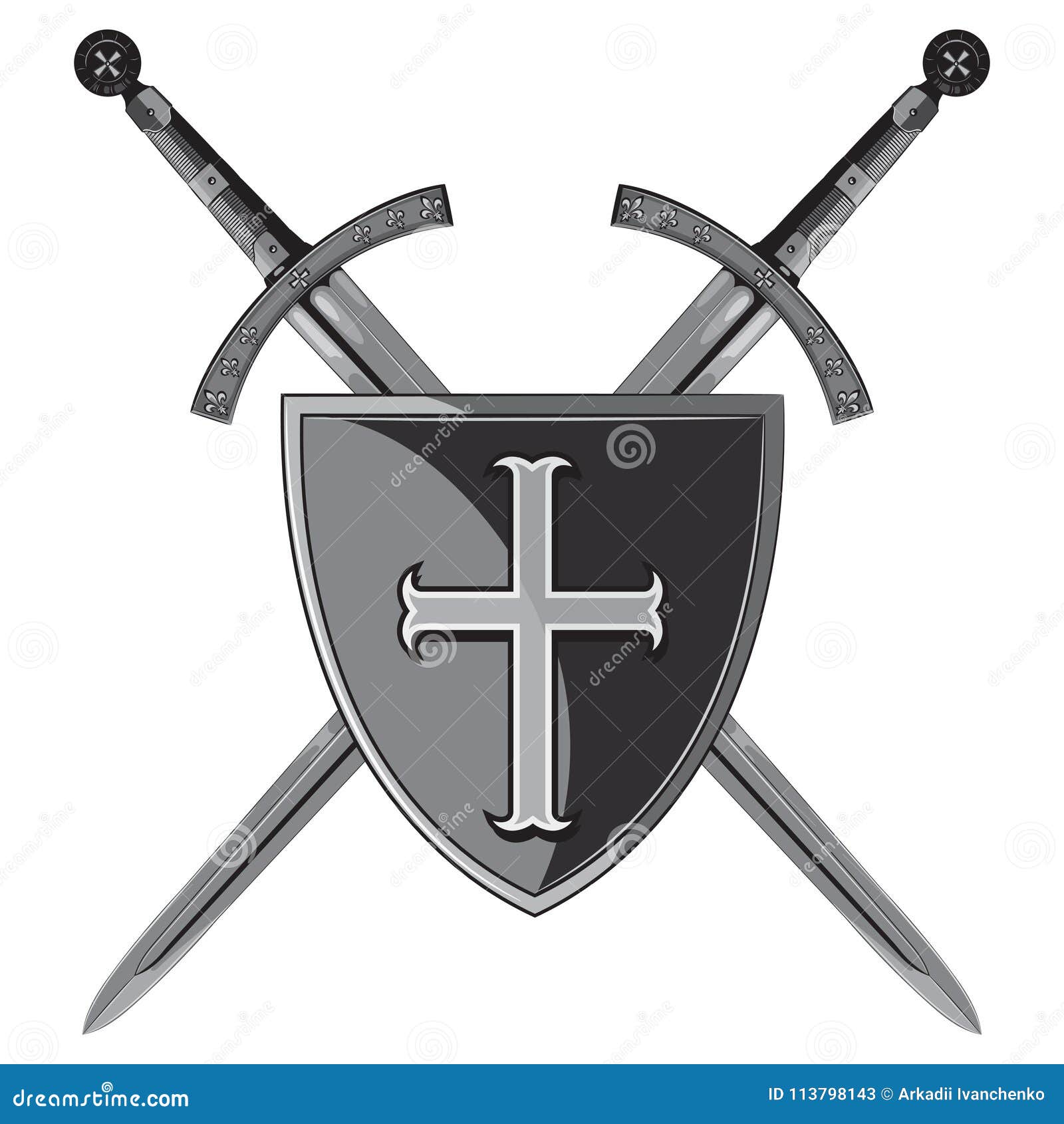 knight swords. two crossed knight of the sword and shield of the crusader