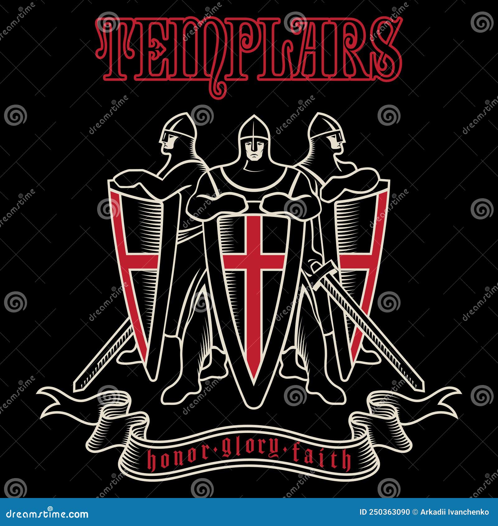 Knightly Design Three Warrior Knight Templar With Swords And Shields