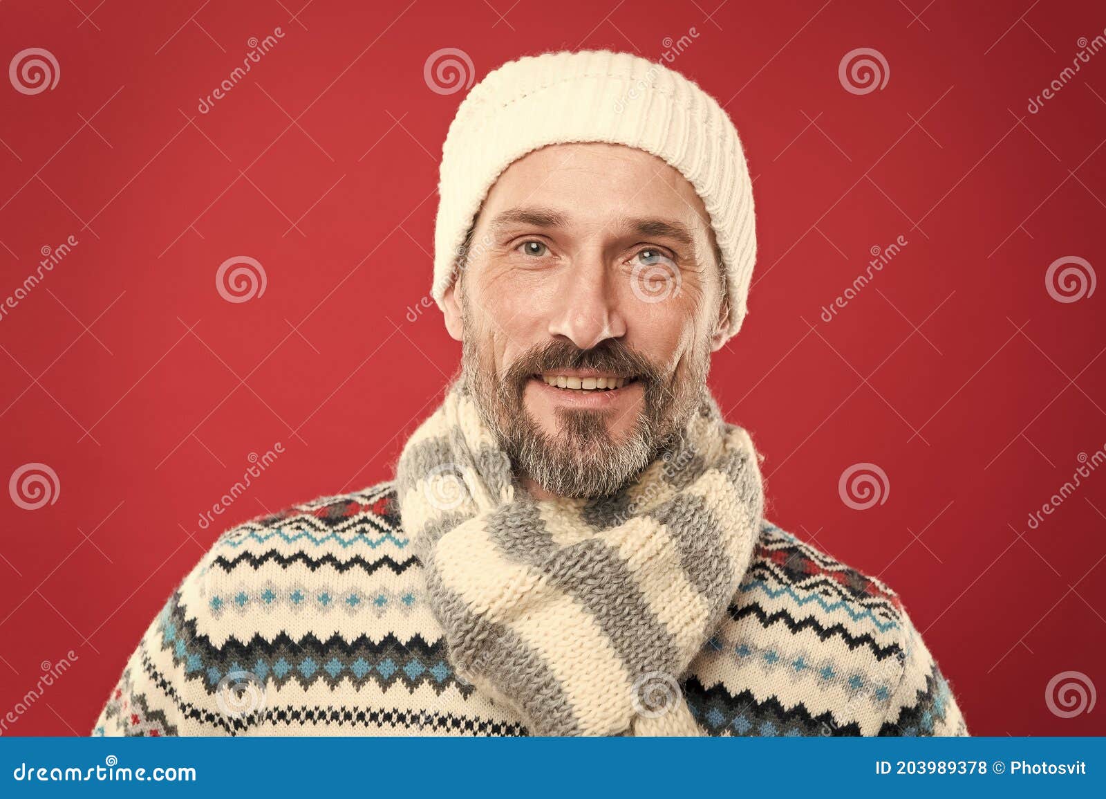 Knitted Accessories. Cold Winter Conditions. Handsome Bearded Man ...