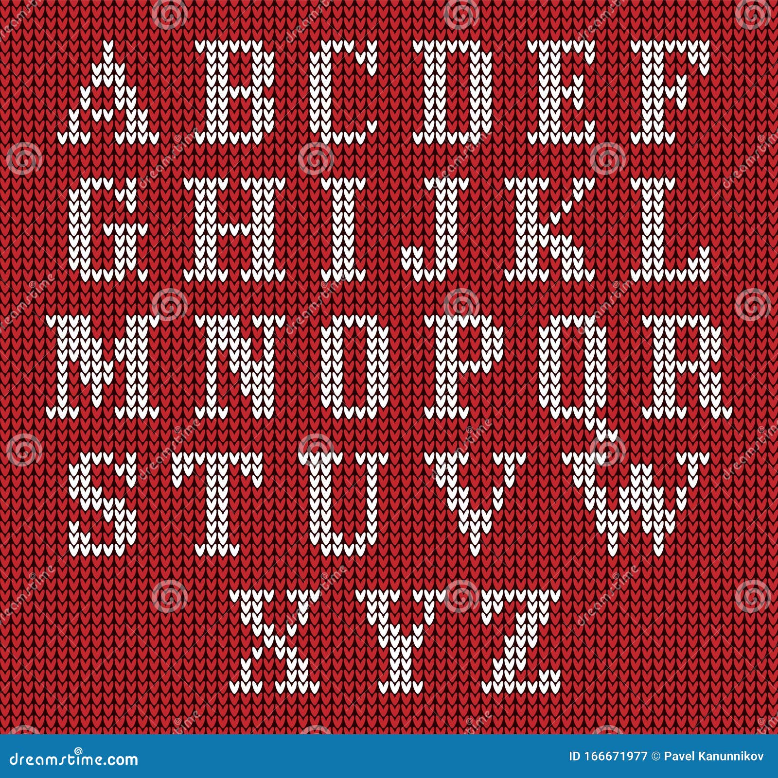 Knitted Alphabet on Red Background. Christmas Crochet Font on Knitted
