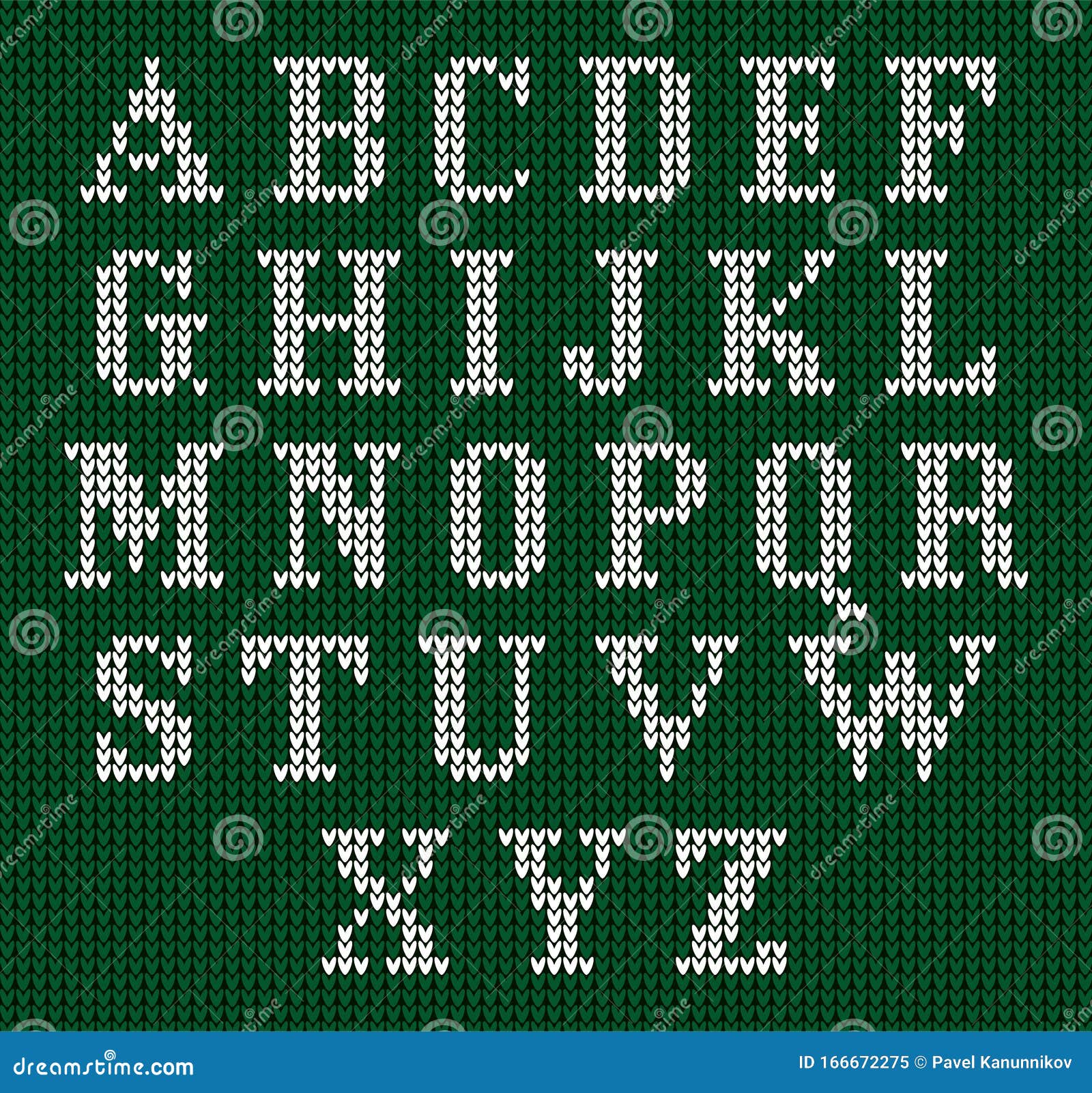 Knitted Alphabet On Red Background. Christmas Crochet Font On Knitted