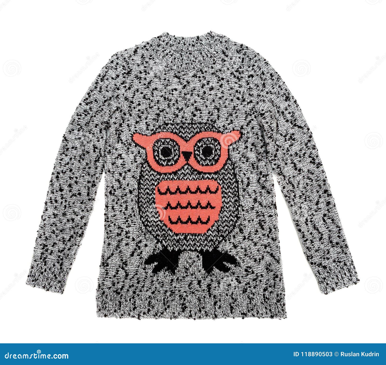Knitted Gray Sweater with Owl Pattern. Isolate on White Stock Image