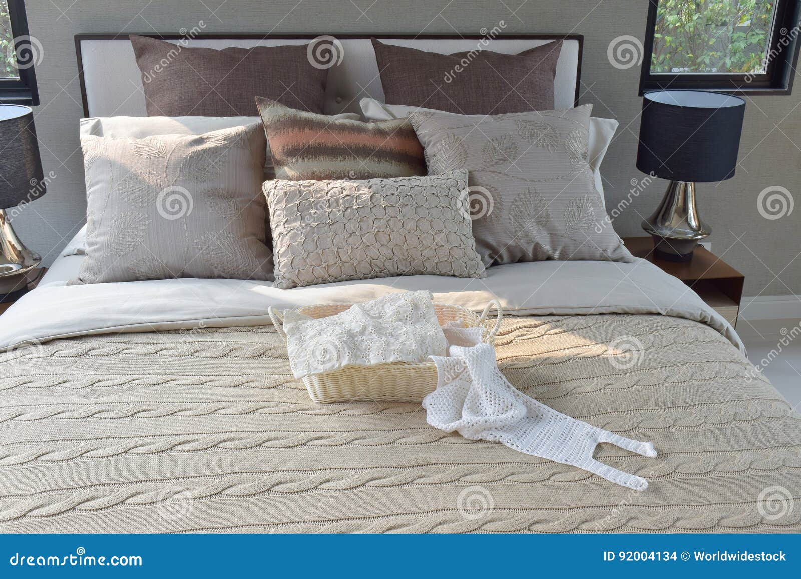 Knitting Basket on Warm Classic Style Bedding with Many Texture of