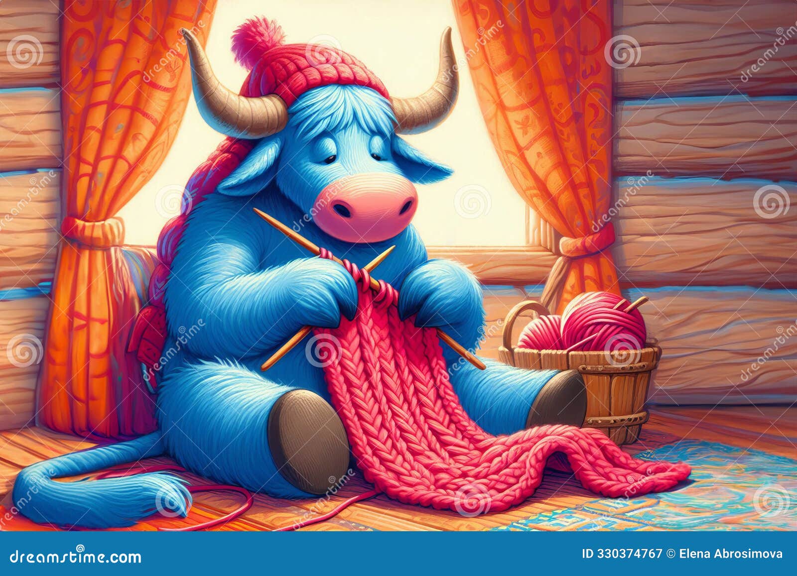 knitting blue-furred cow with pink needles, cozy backdrop. homely ambiance adds warmth to creative scene,