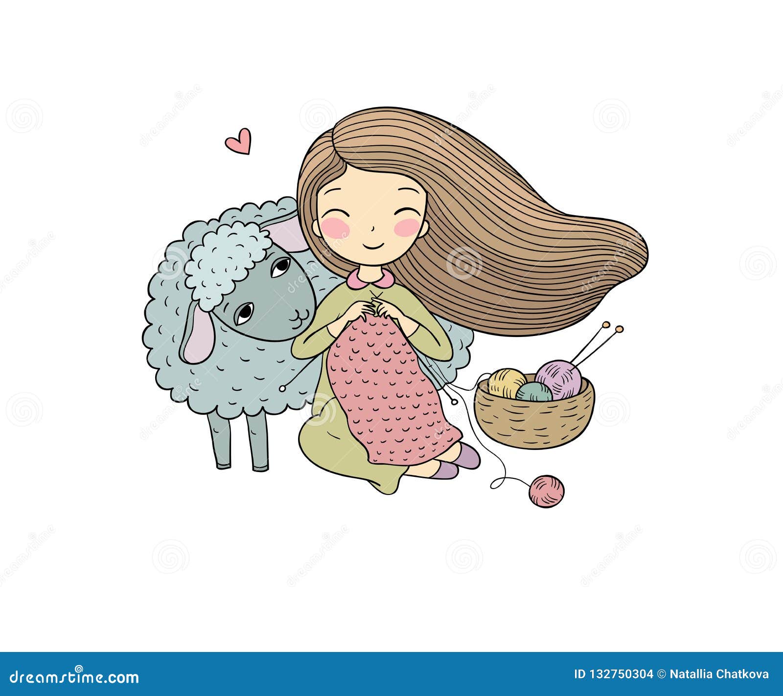 Knitting Girl and a Cute Cartoon Sheep. Stock Vector - Illustration of  book, girl: 132750304