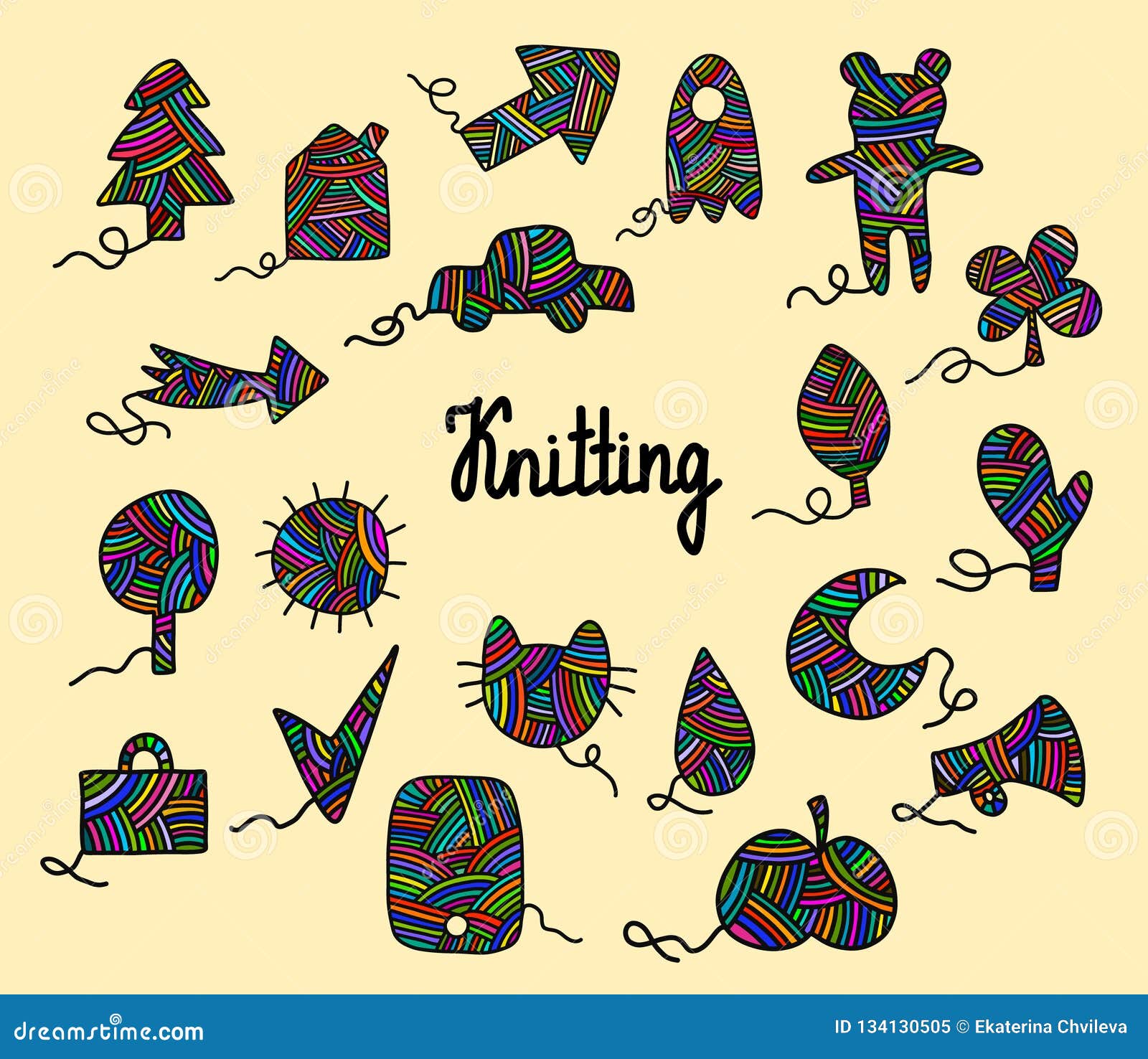 knitting hand drawn  wool yarns colored in different forms tree new year arrow leaf moon phone bag glove car