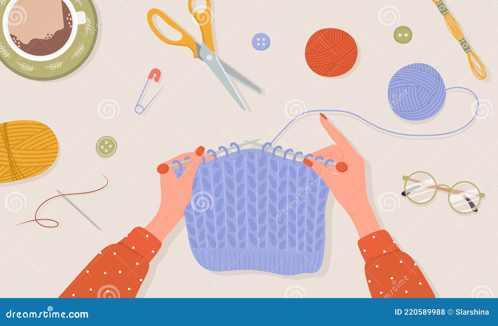 Knitting Process. Balls of Yarn. Female Hands with Needles and Thread