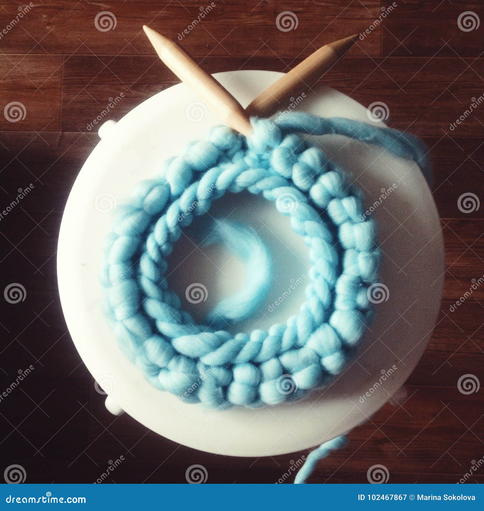 Knitting process stock image. Image of needles, blue 102467867