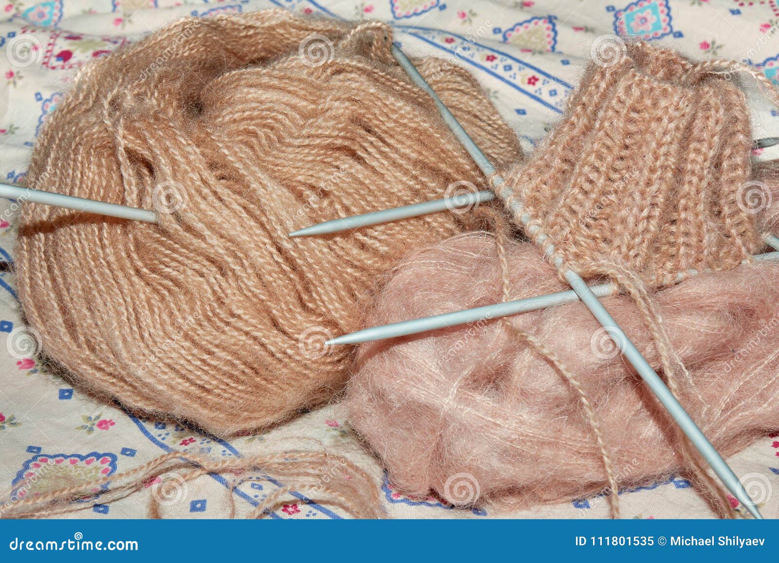 Knitting Tools and Materials, Brown Wool, Four Knitting Needles Stock
