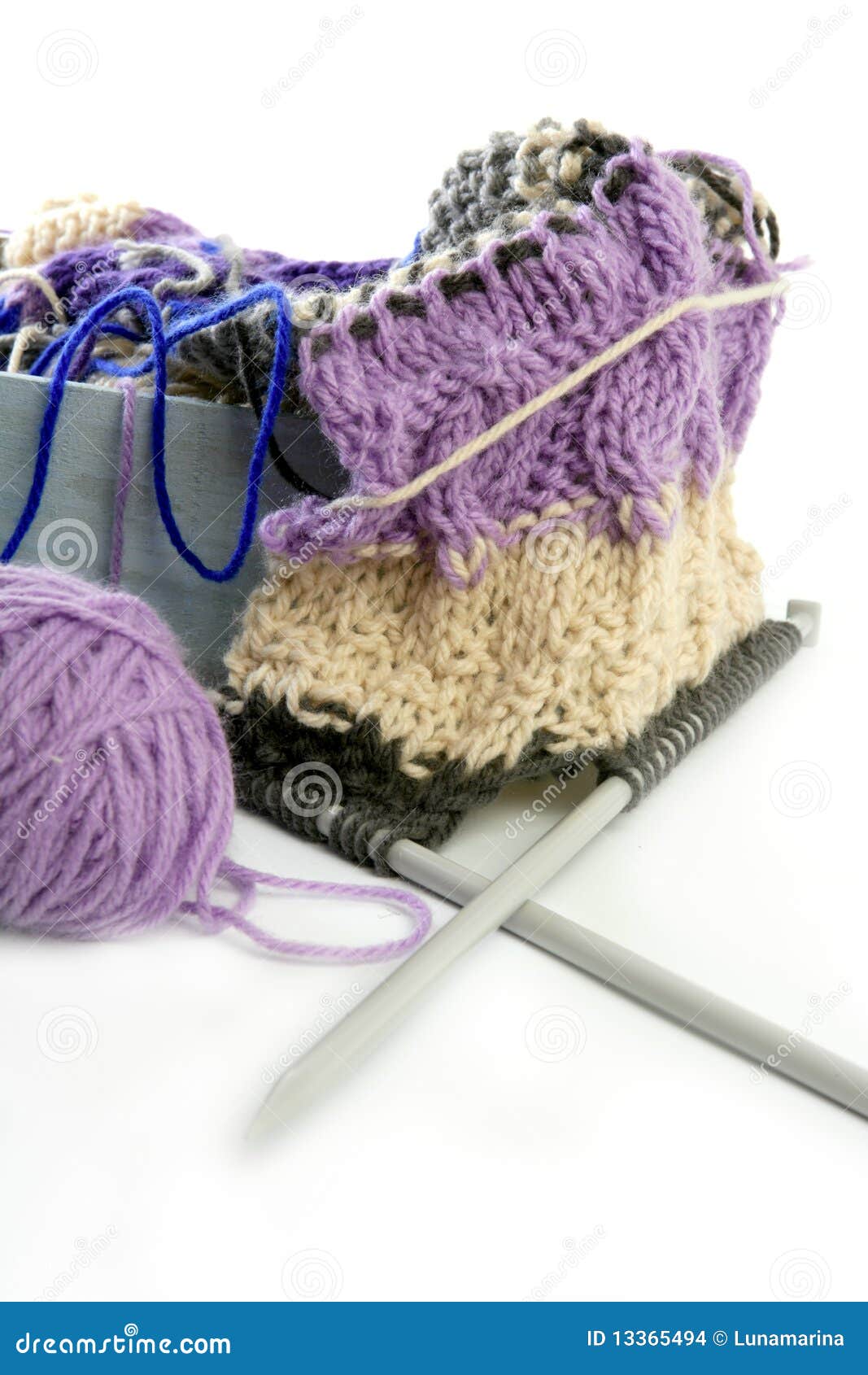Knitting Tools with Wool Thread Balls Stock Photo - Image of gray, blue ...