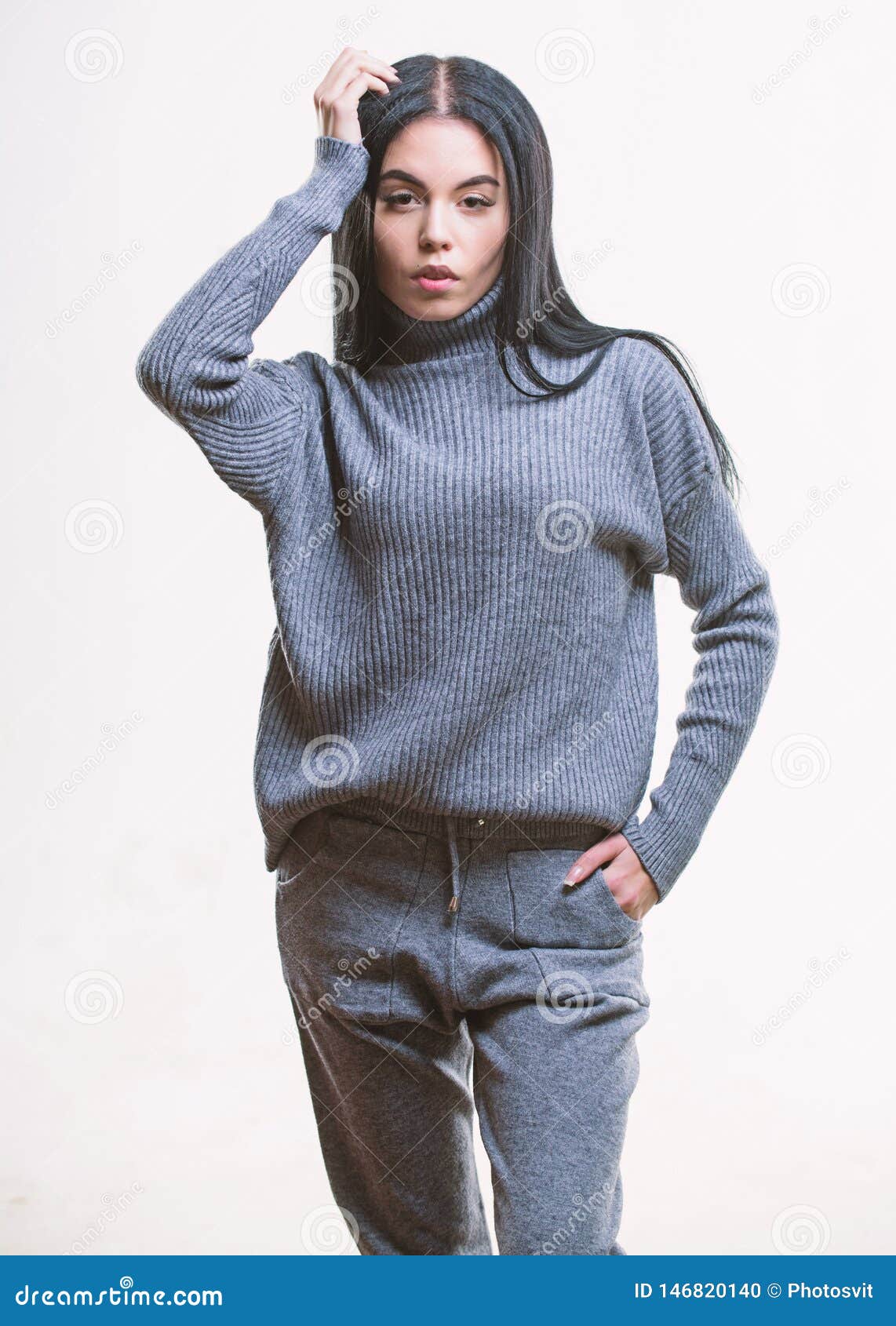 Knitwear Concept. Feel Warm and Comfortable. Woman Wear Grey Textile ...