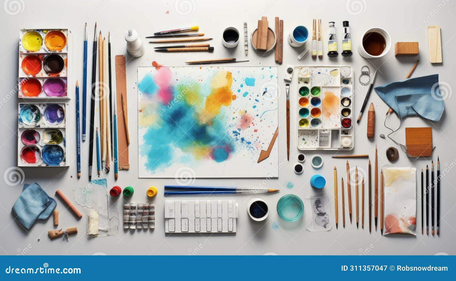 knolling picture showing drawing equipment and paper. theme colour is light blue