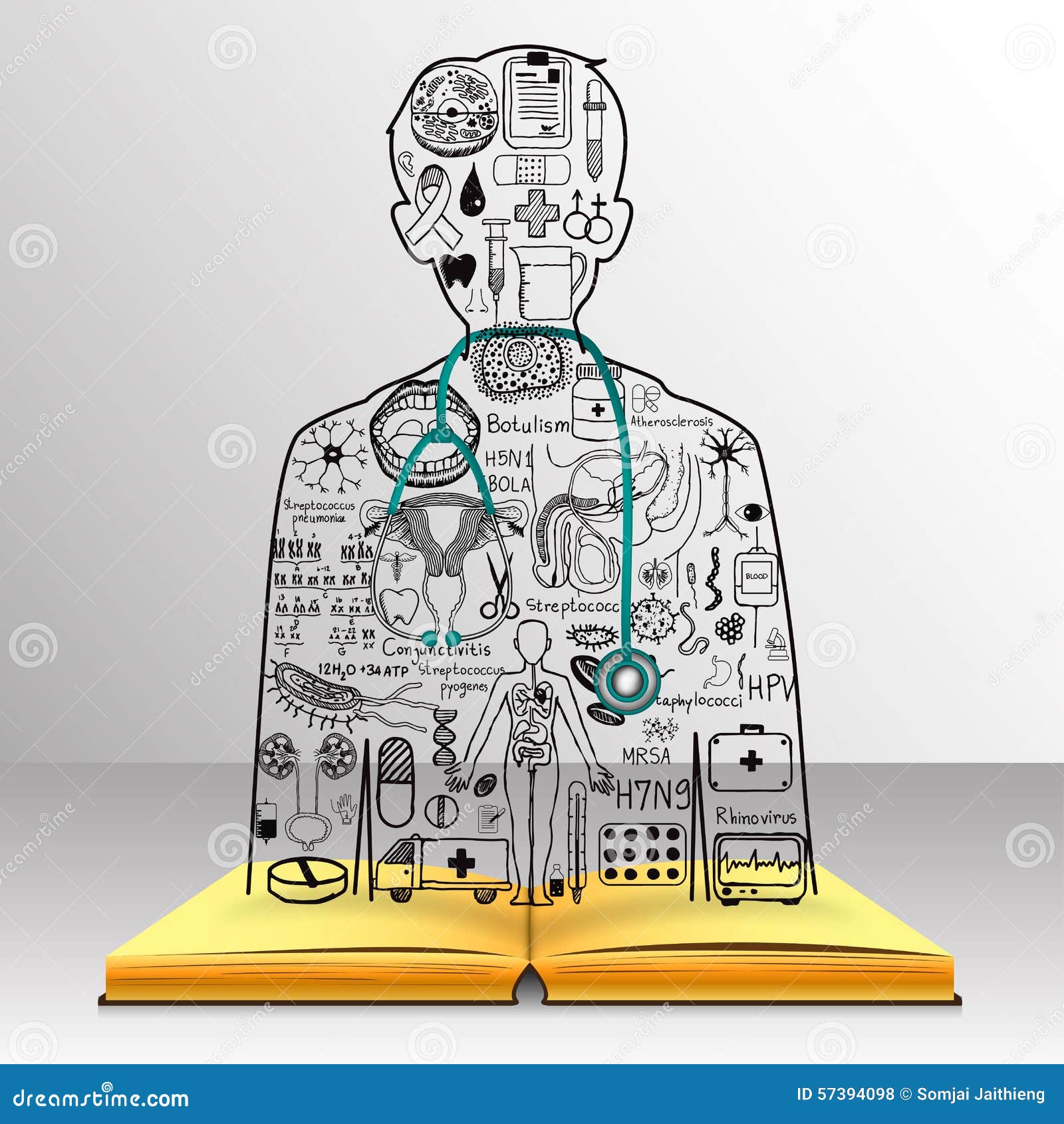 the knowledge from the book becomes a doctor.medical doodles in a doctor  with 3d stethoscope.medicine studies