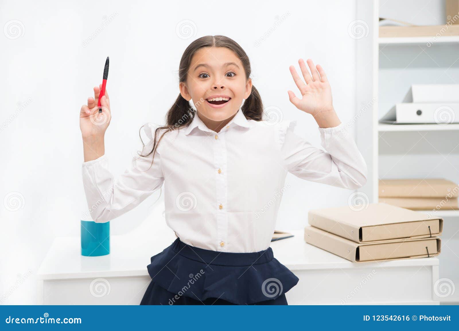 She Knows Right Answer. Child Girl Wears School Uniform Standing Excited  Face Expression Stock Photo - Image of child, pupil: 123542616