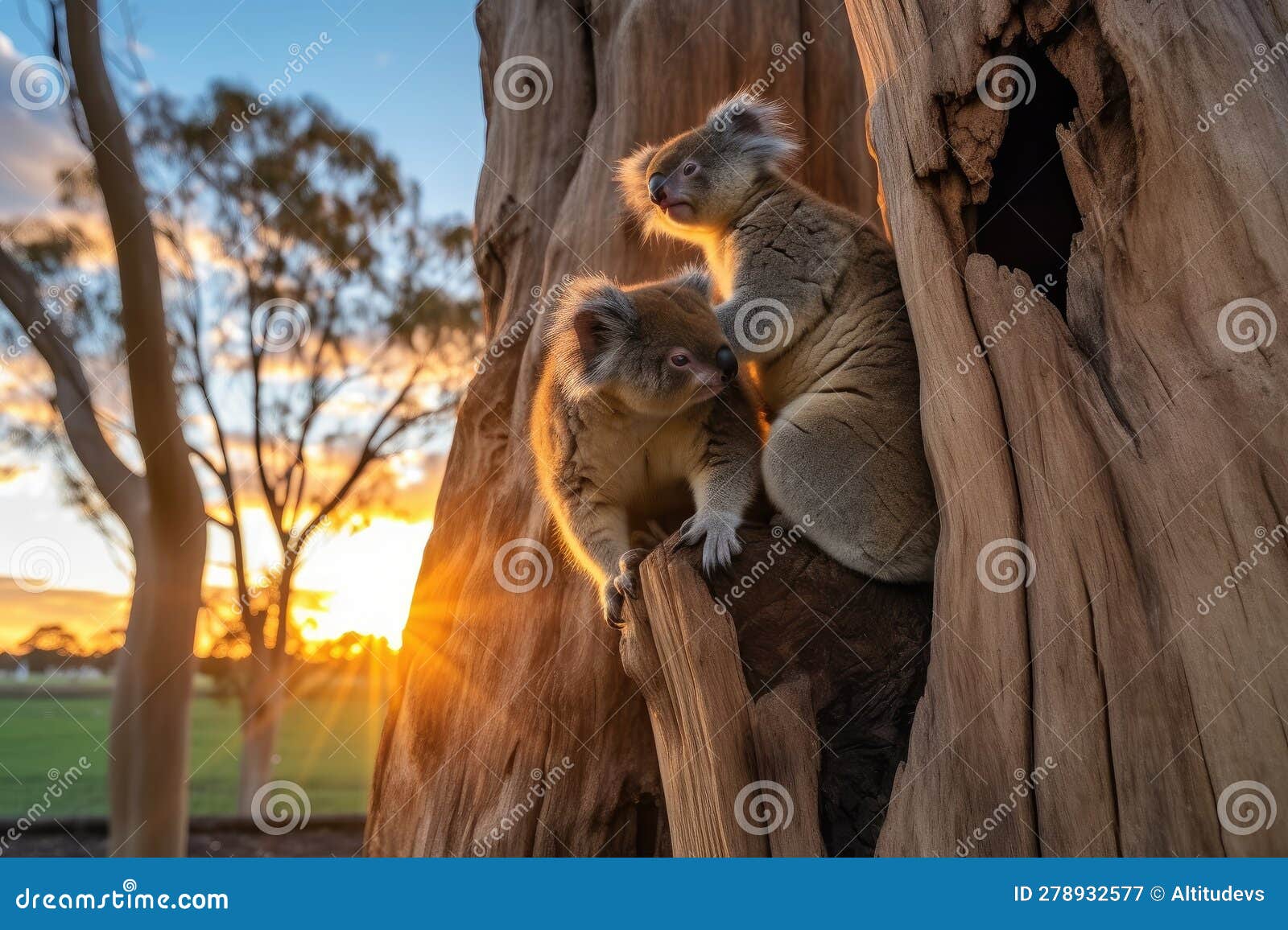 koala clinging to its mother, who is climbing tree trunk, with the view of the sunset in the background