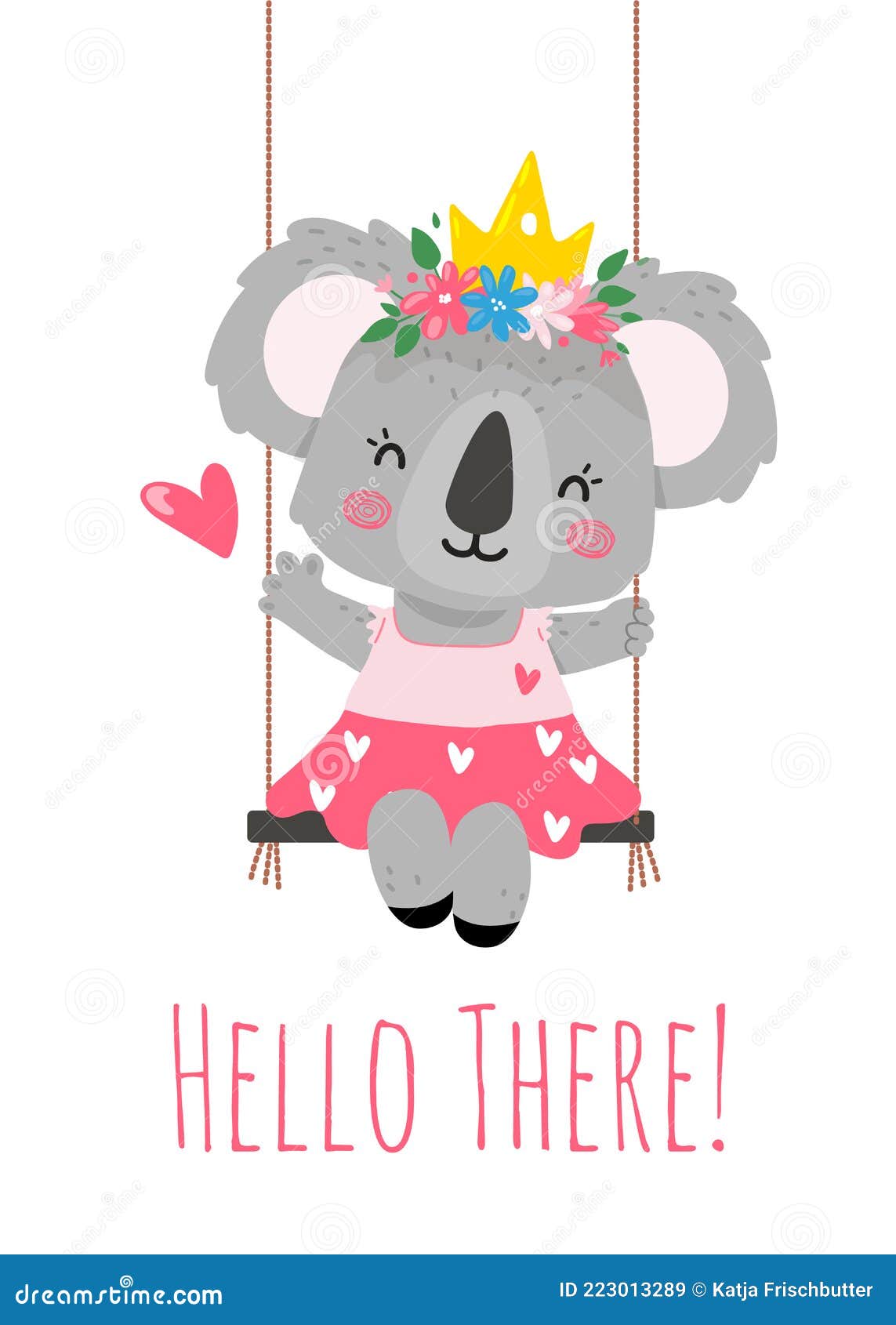 A Koala Princess with a Crown,flowers,dress Sits on a Swing and Says   for a Card,invitation,posters Stock Vector - Illustration of funny, bear:  223013289