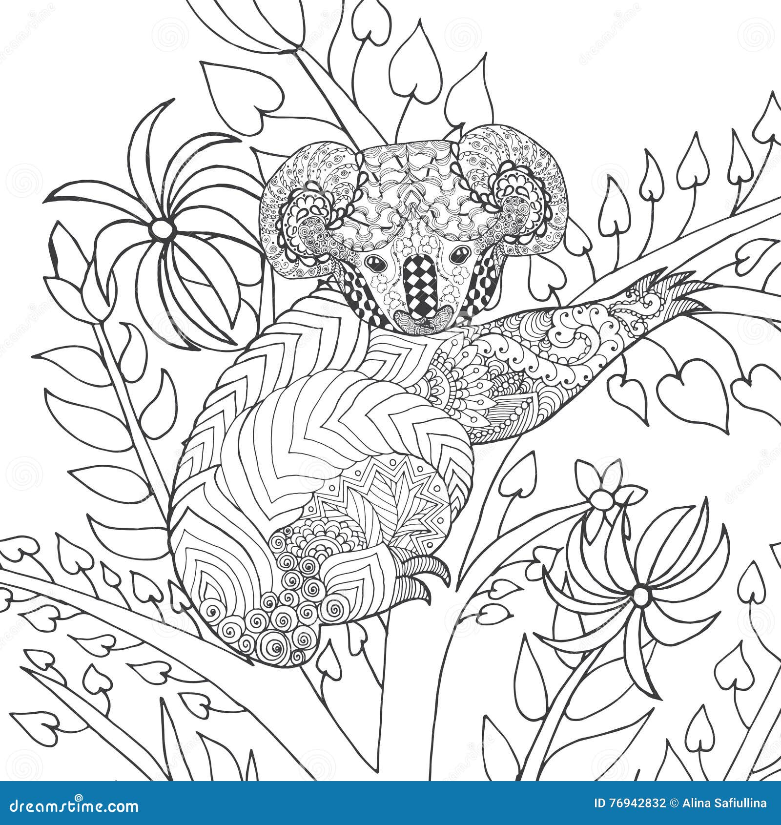 Koala on Tree Coloring Page. Stock Vector - Illustration of bear ...