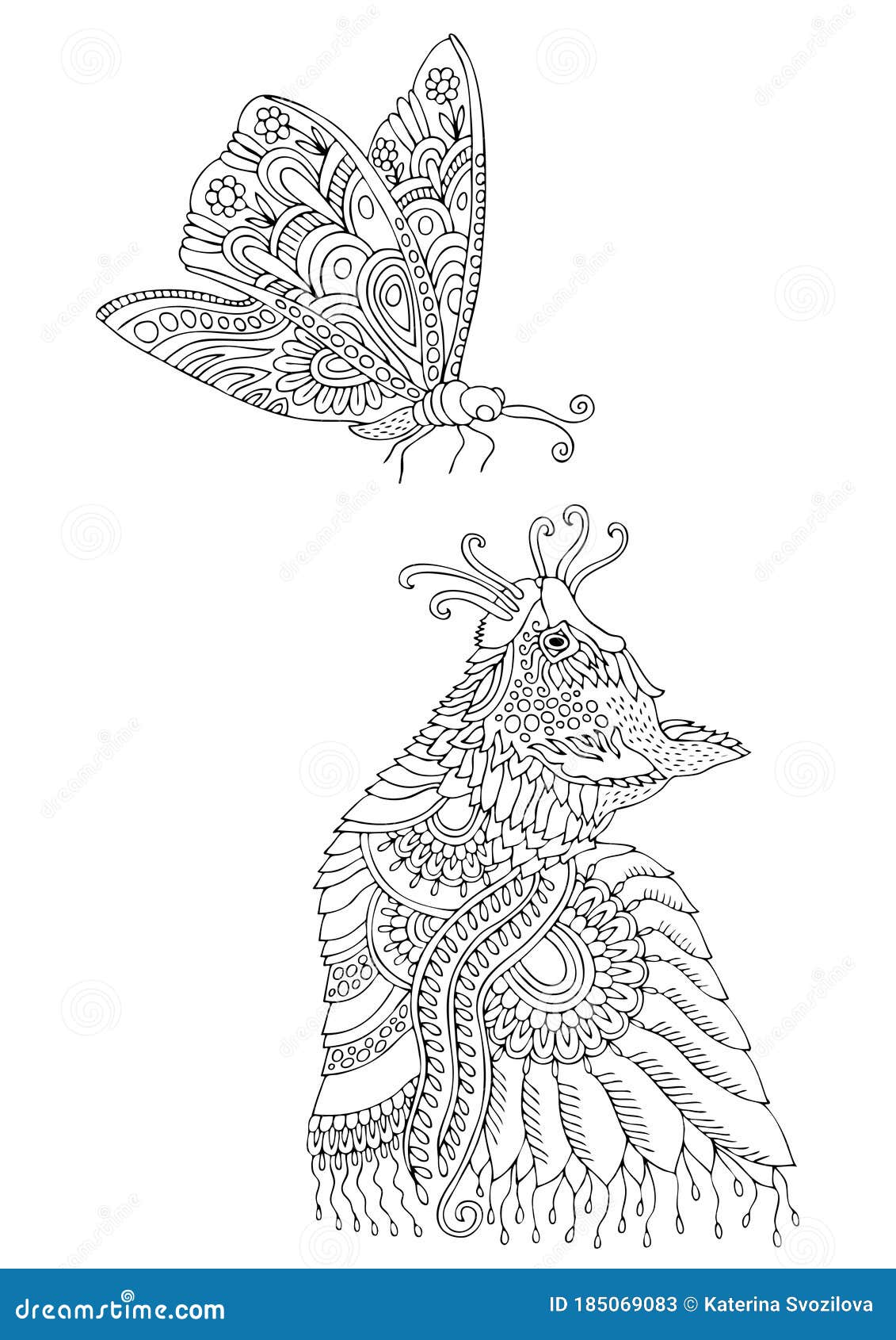 Cat and Butterfly, Adult Coloring Page Stock Vector   Illustration ...