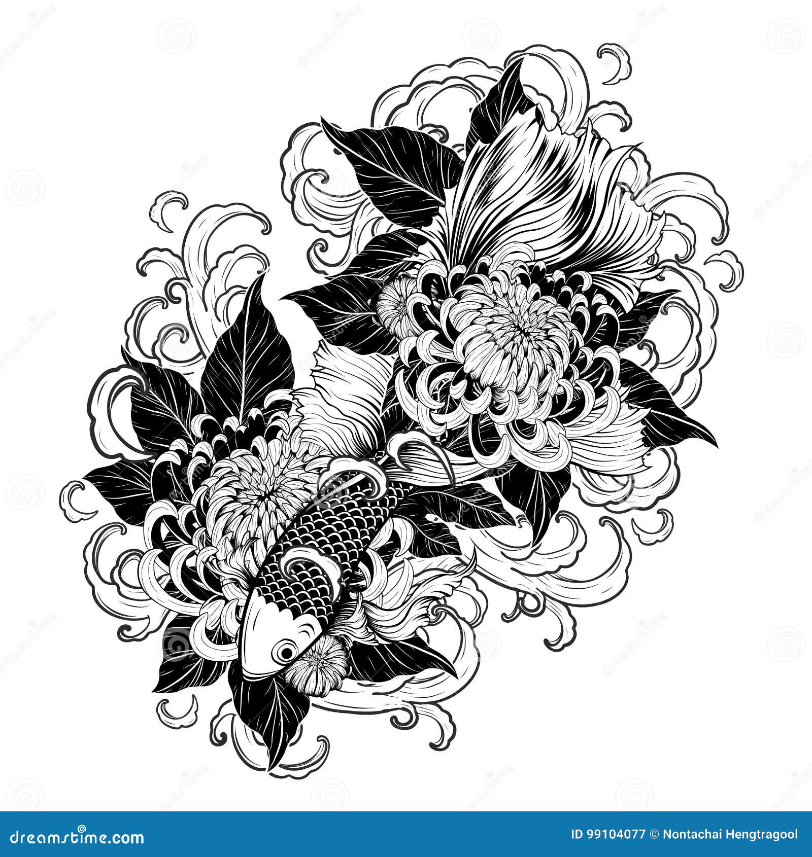 Koi Fish and Chrysanthemum Tattoo by Hand Drawing Stock Vector ...