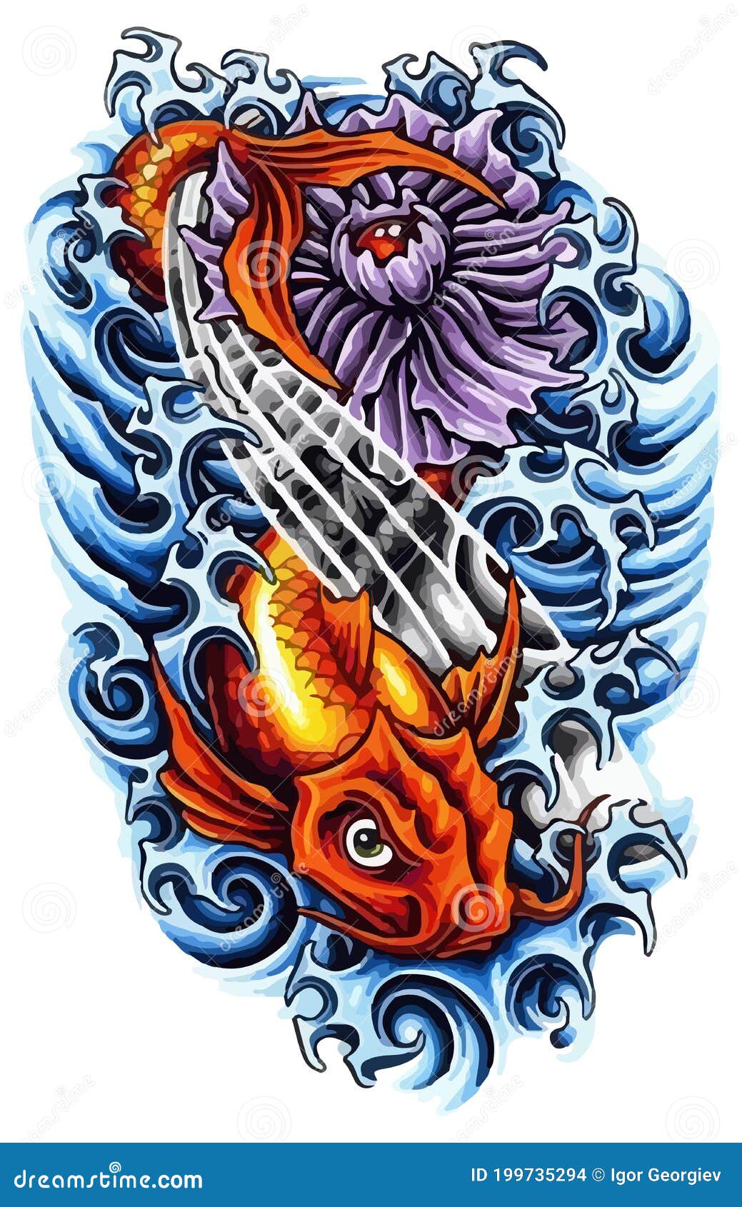 Koi Fish Tattoo Flash Set. Set of Labels and Elements. Vector Set ...
