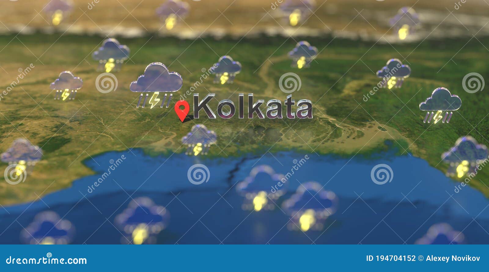 Kolkata City and Stormy Weather Icon on the Map, Weather Forecast