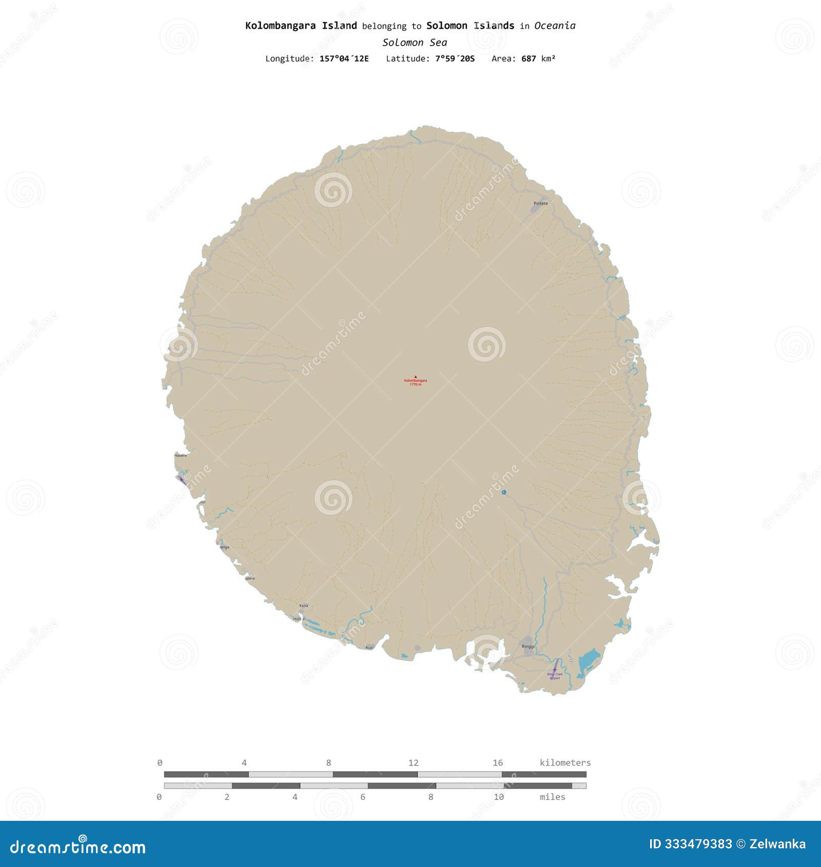 kolombangara island. solomon islands.  on white. topo standard