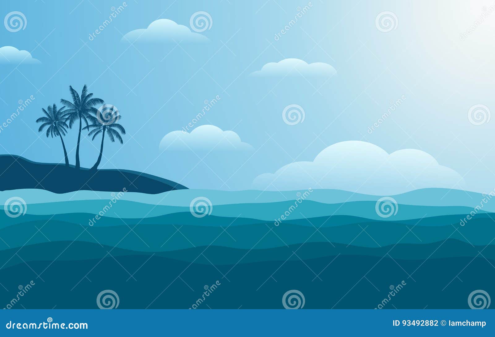 Konturpalmträd på kust på middagen med blåttfärghimmel i plan symbolsdesignbakgrund