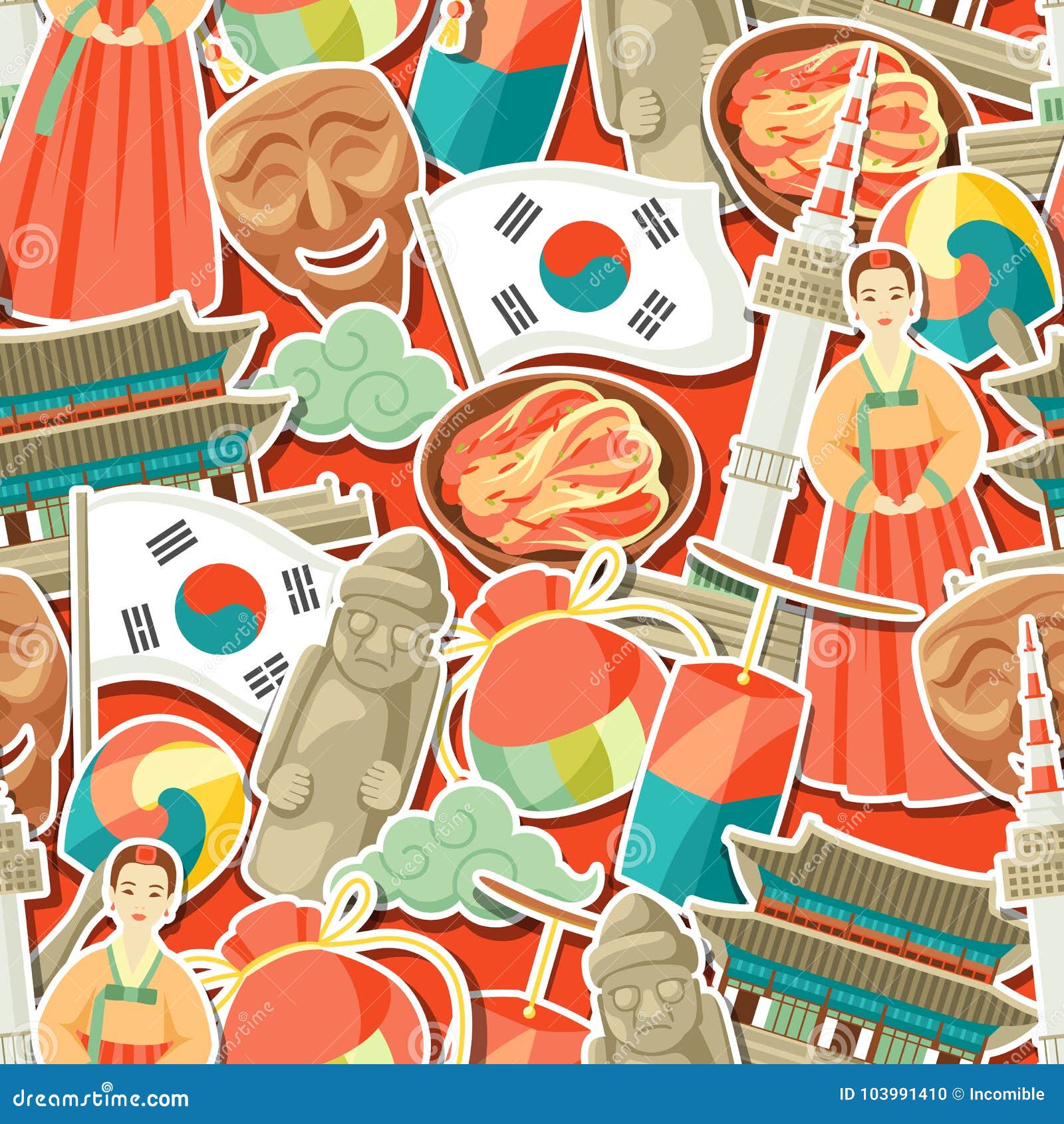 Korea Seamless Pattern. Korean Traditional Sticker Symbols and Objects