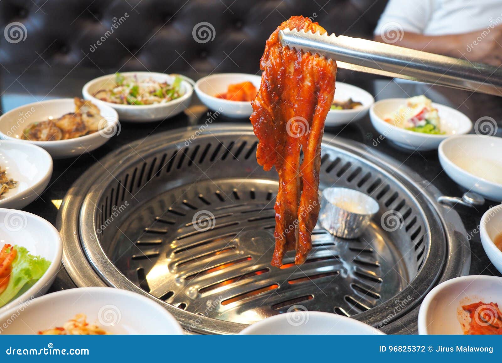 The Korean Barbeque, with Grill Table and Vegetable Set Stock Photo