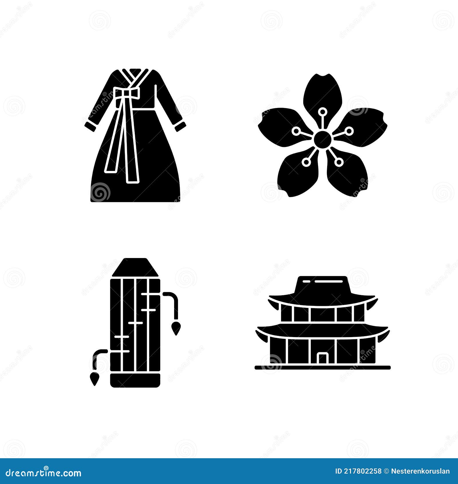 Korean ethnic symbols black glyph icons set on white space. Hanbok clothes. Gayageum musical instrument. Gyeongbok palace. Korean culture. Silhouette symbols. Vector isolated illustration