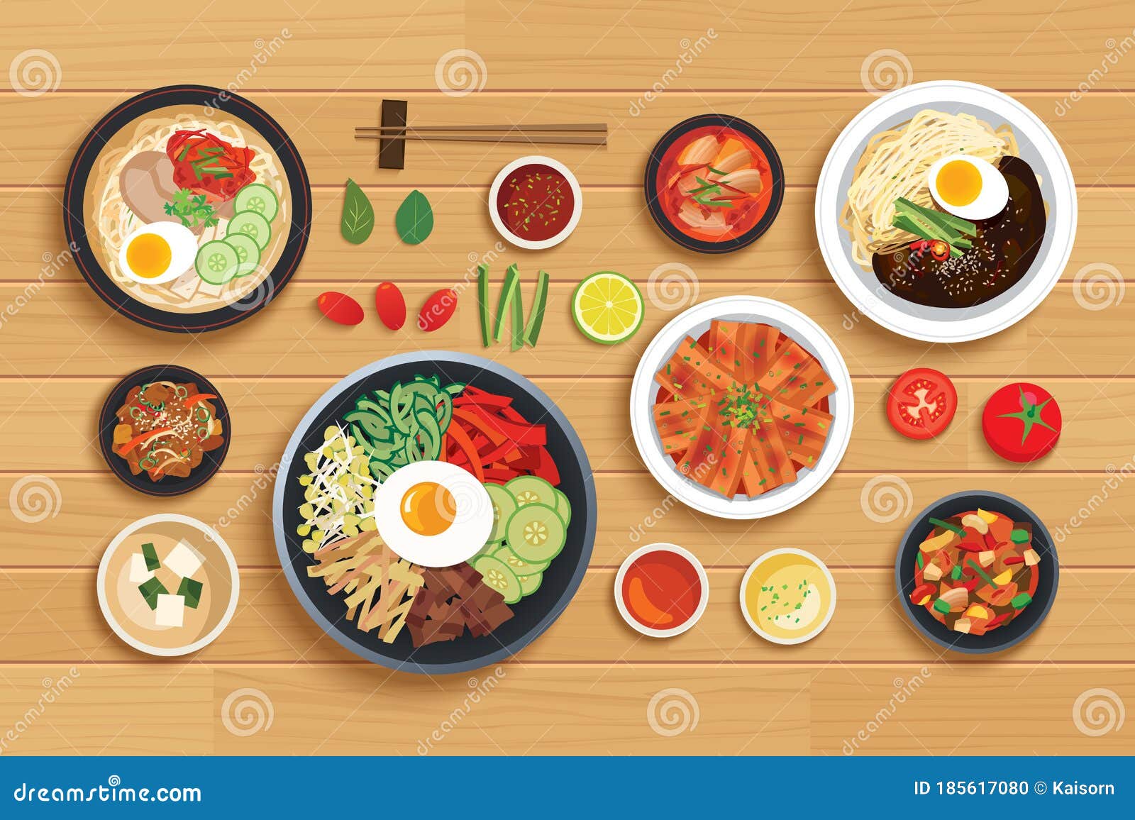 korean food set on top view wooden table background