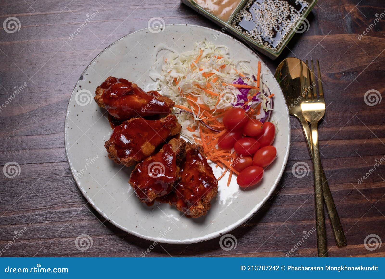 Korean Fried Chicken with Gochujang Sauce Spicy Sauce Stock Photo