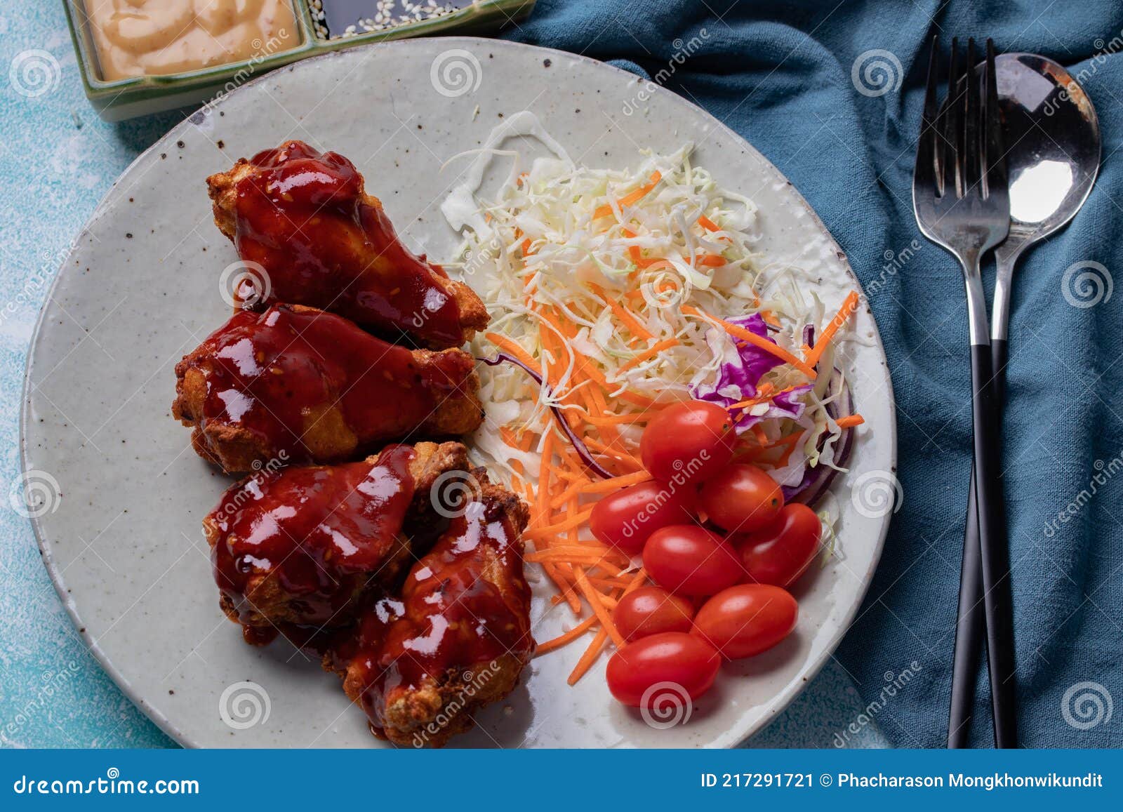 Korean Fried Chicken with Gochujang Sauce Spicy Sauce Stock Image