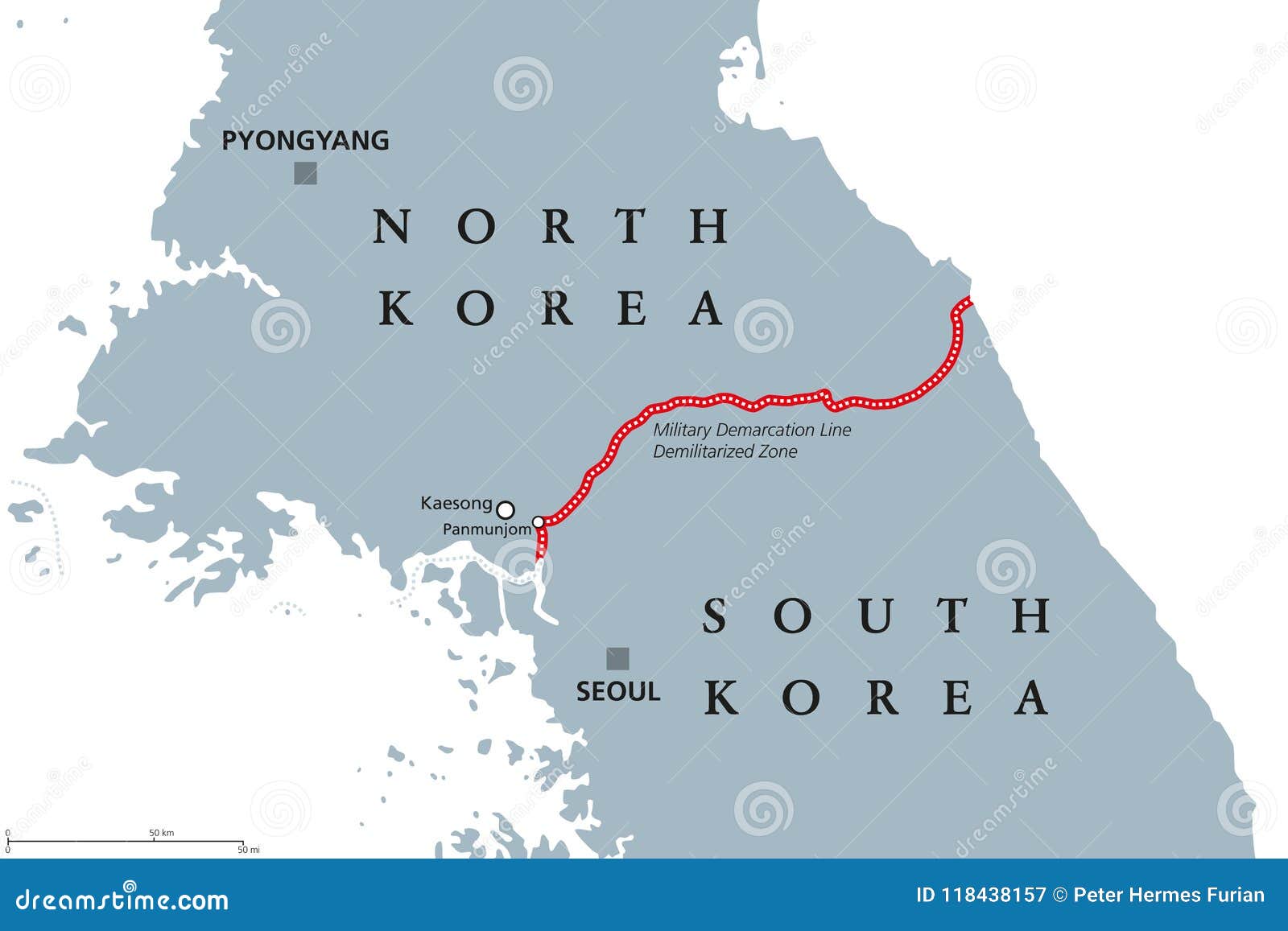 korean peninsula, demilitarized zone area, gray political map