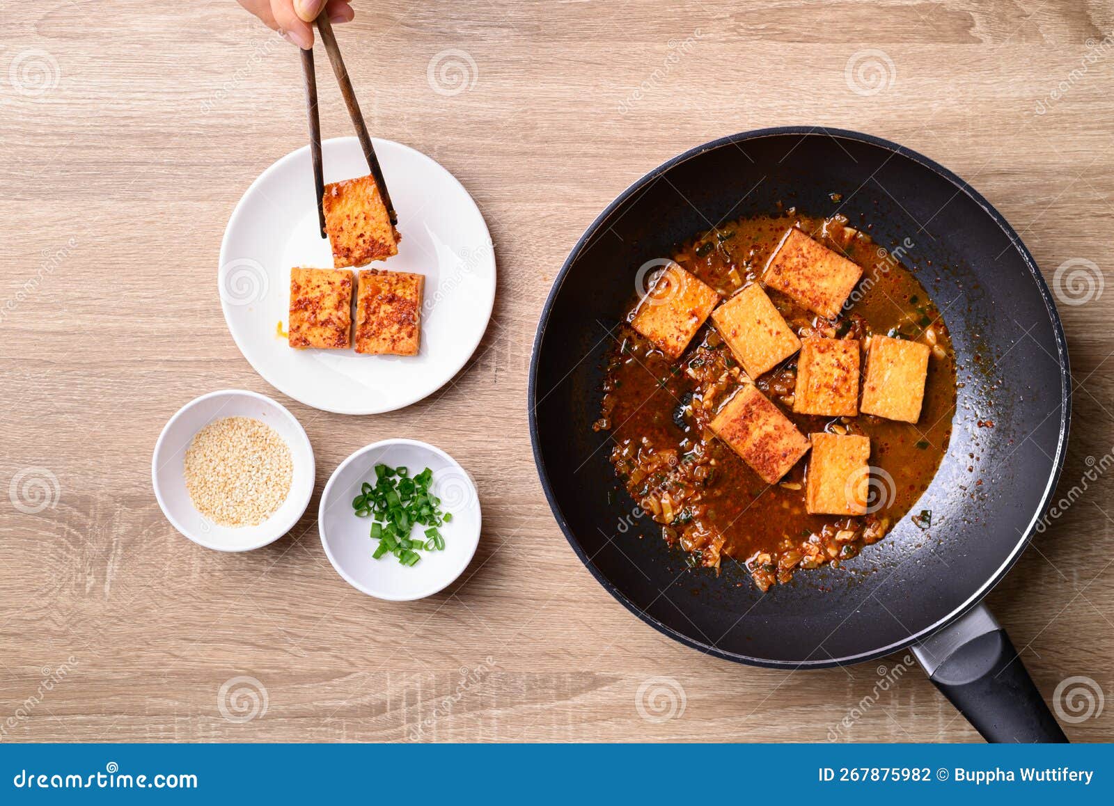 Korean Side Dish, Spicy Braised Tofu Dubu Jorim in Cooking Pan Stock