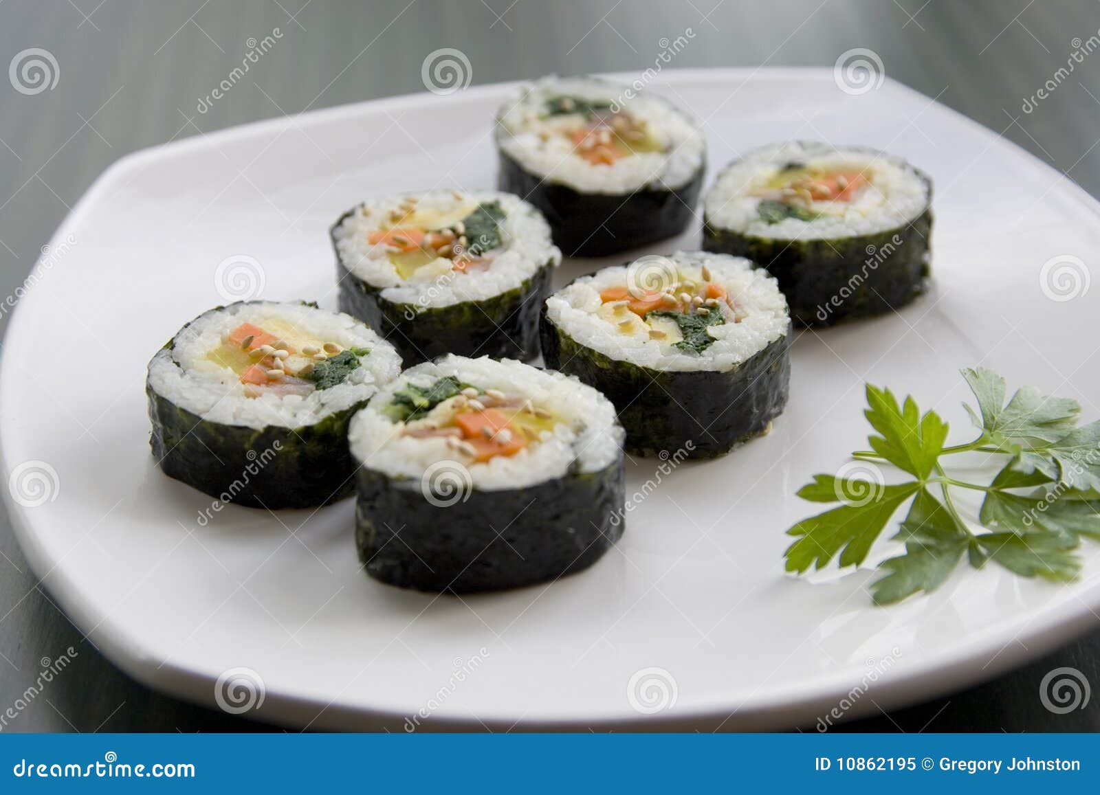 Korean Sushi and a Parsley Leaf. Stock Image Image of leaf, meat