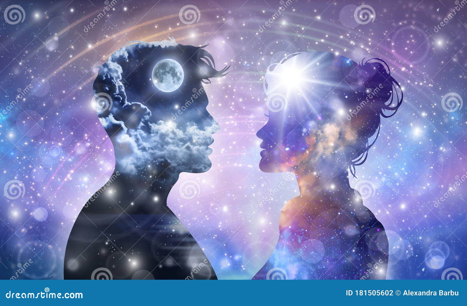 Kosmische Liebhaber der menschlichen männlich-weiblichen Körperuniversuminspirationsaufklärungseinheitsbewusstsein Yin Yang-Zwilli